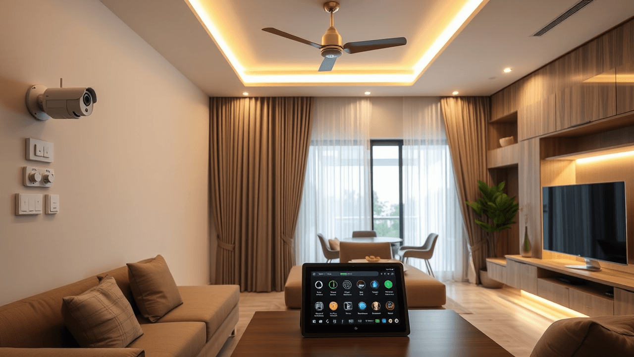 Phòng khách biệt thự với hệ thống camera an ninh, công tắc thông minh, rèm tự động và tablet điều khiển nhà thông minh
